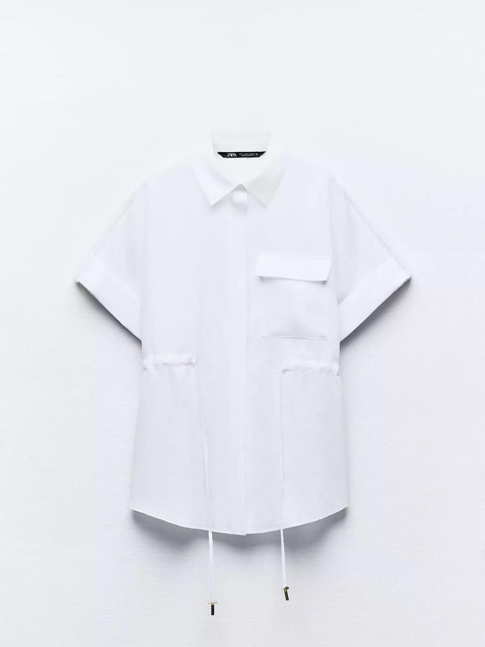 Zara White Short-Sleeve 100% Linen Safari Shirt